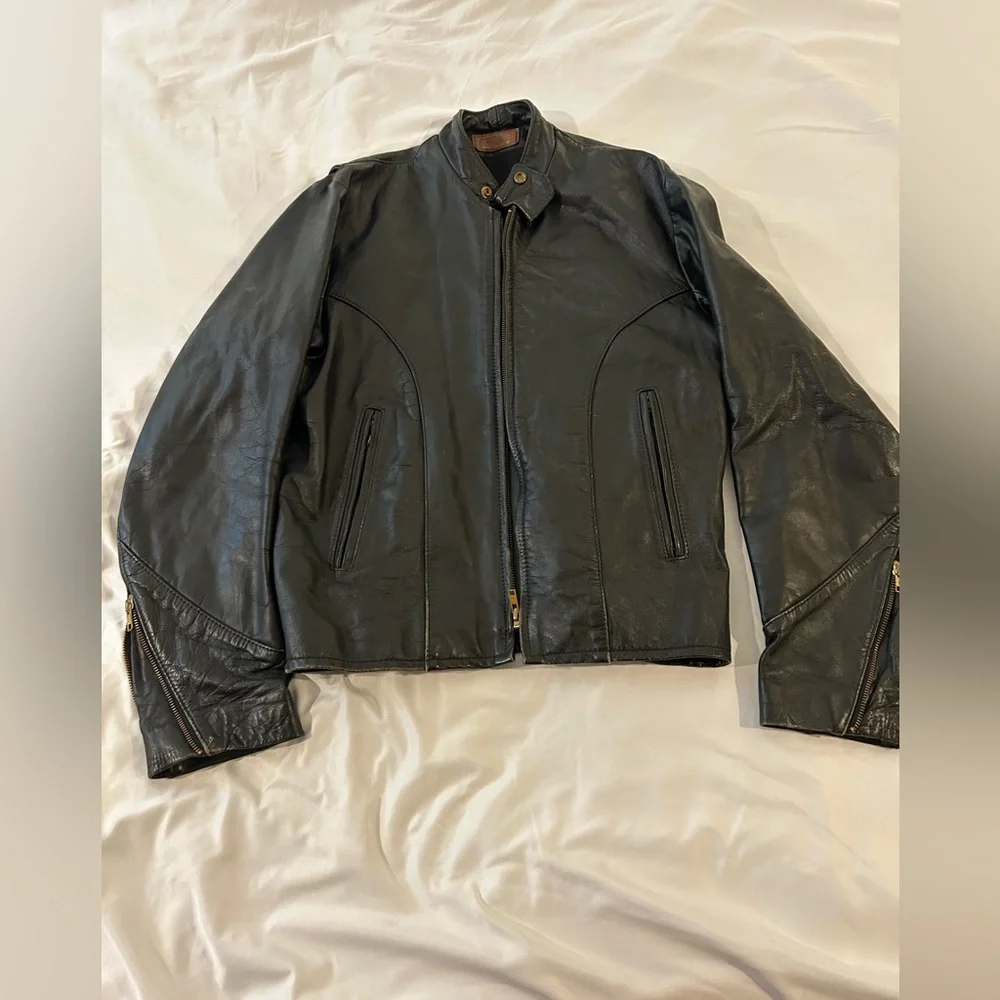 Vintage Brown Leather Motorcycle Jacket USA Made Size 42 Cafe Racer Distressed